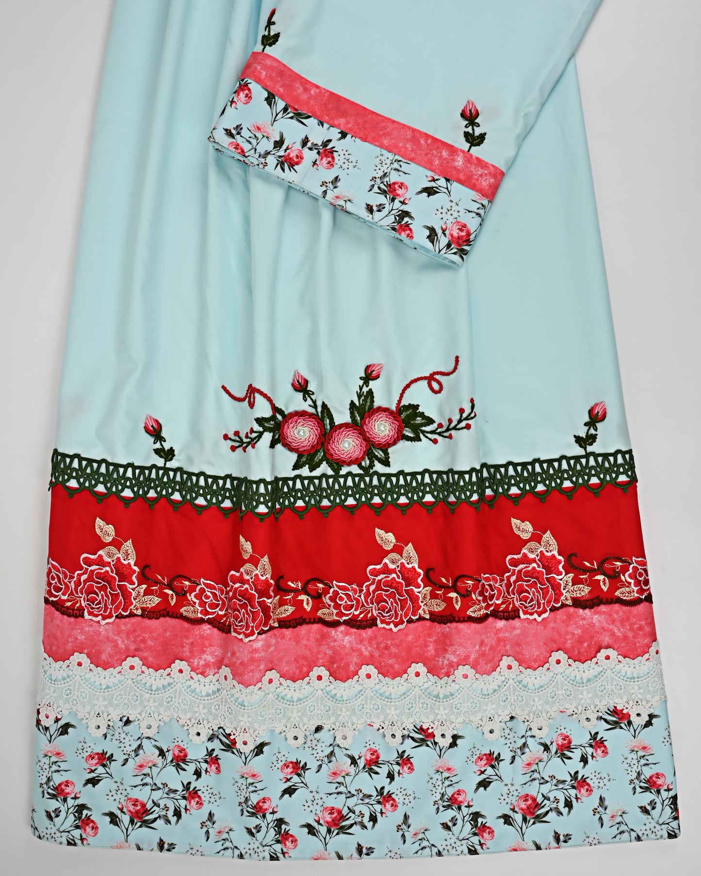 Sky Blue Rida With Smart Floral Panel Lace & Floral Work