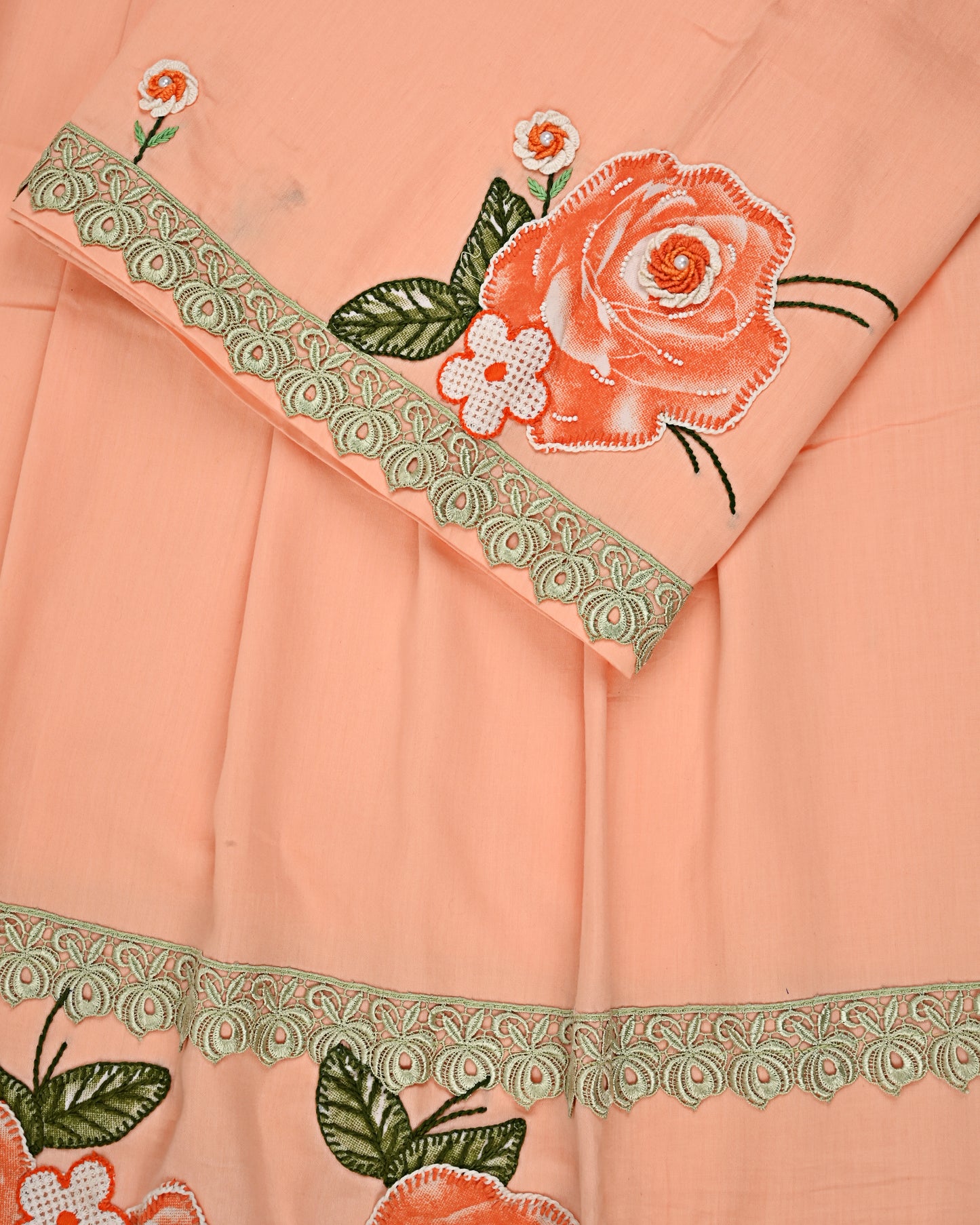Peach Rida With Smart Lace & Orange Floral Work