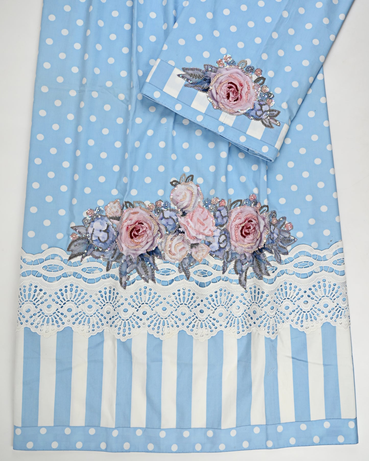 Light Blue Polka Dots Rida With Smart Lace Panel & Applique Bunch With Aari