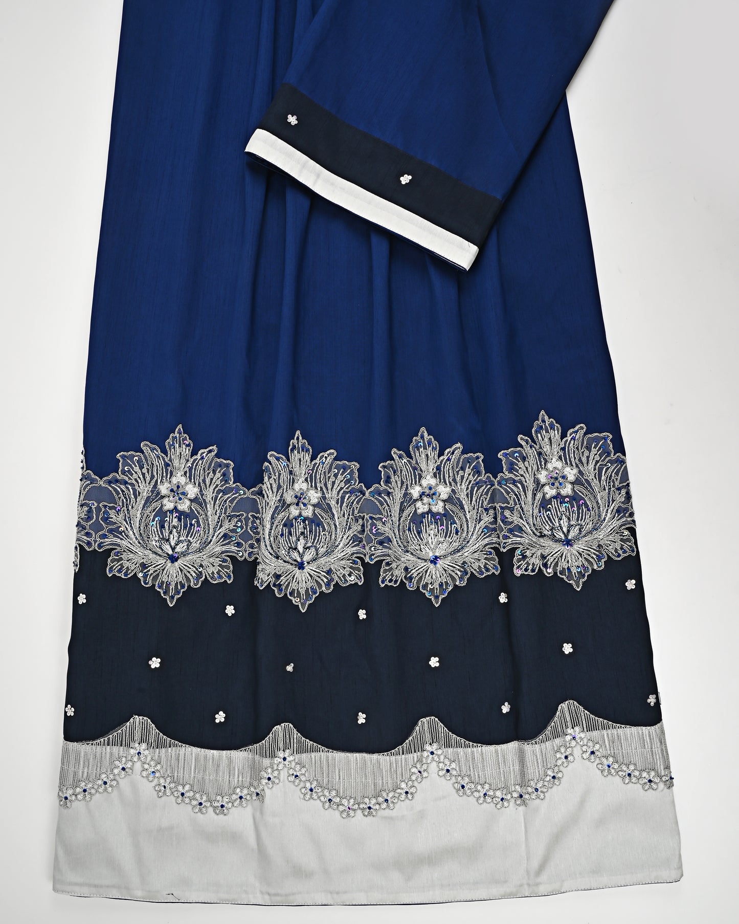 Royal Blue Raw Silk Rida With Smart Lace Navy Blue Panel & Aari Touch Up