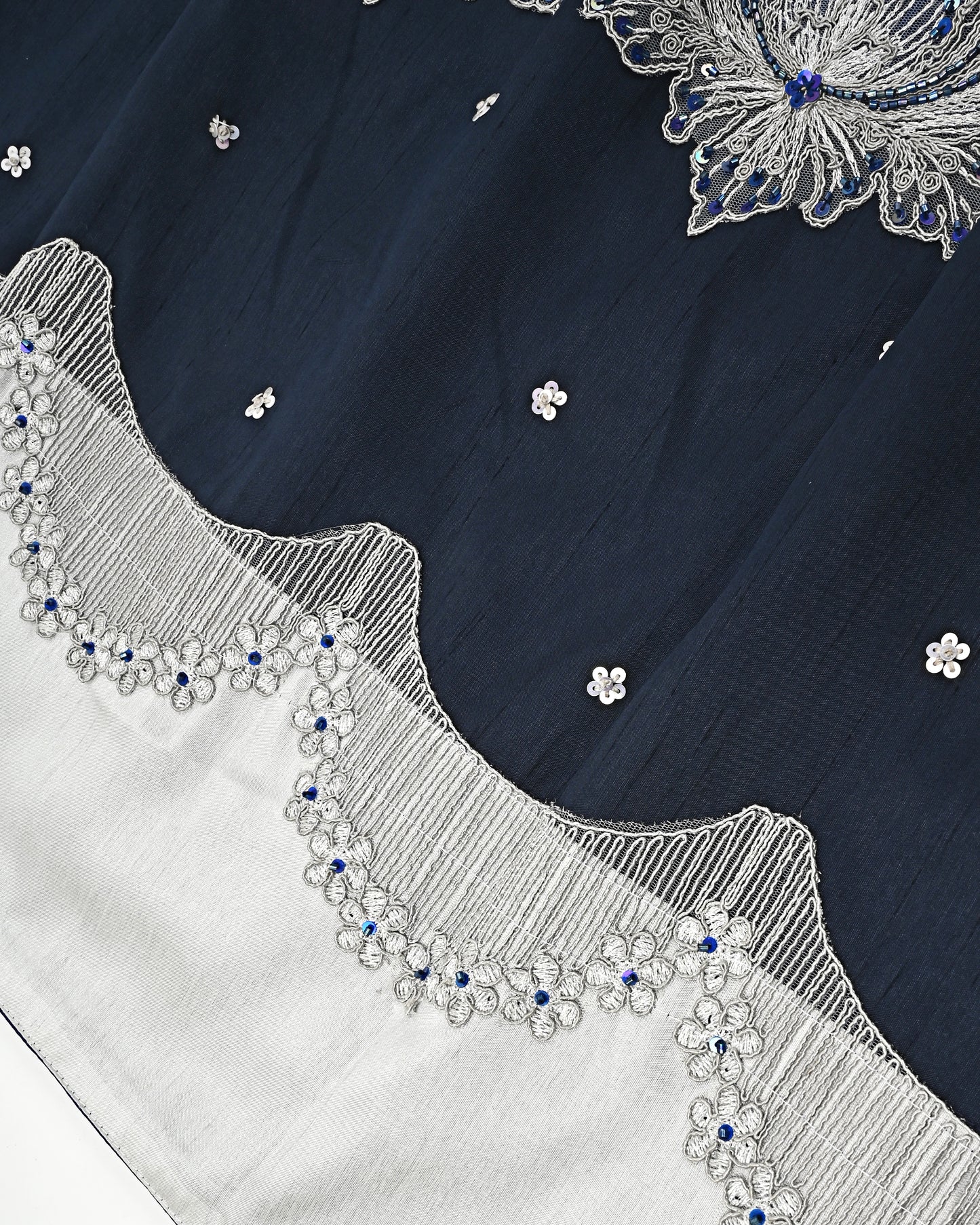 Royal Blue Raw Silk Rida With Smart Lace Navy Blue Panel & Aari Touch Up