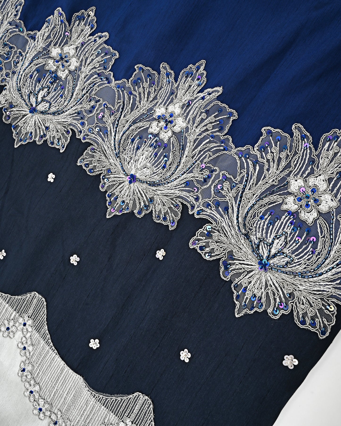 Royal Blue Raw Silk Rida With Smart Lace Navy Blue Panel & Aari Touch Up