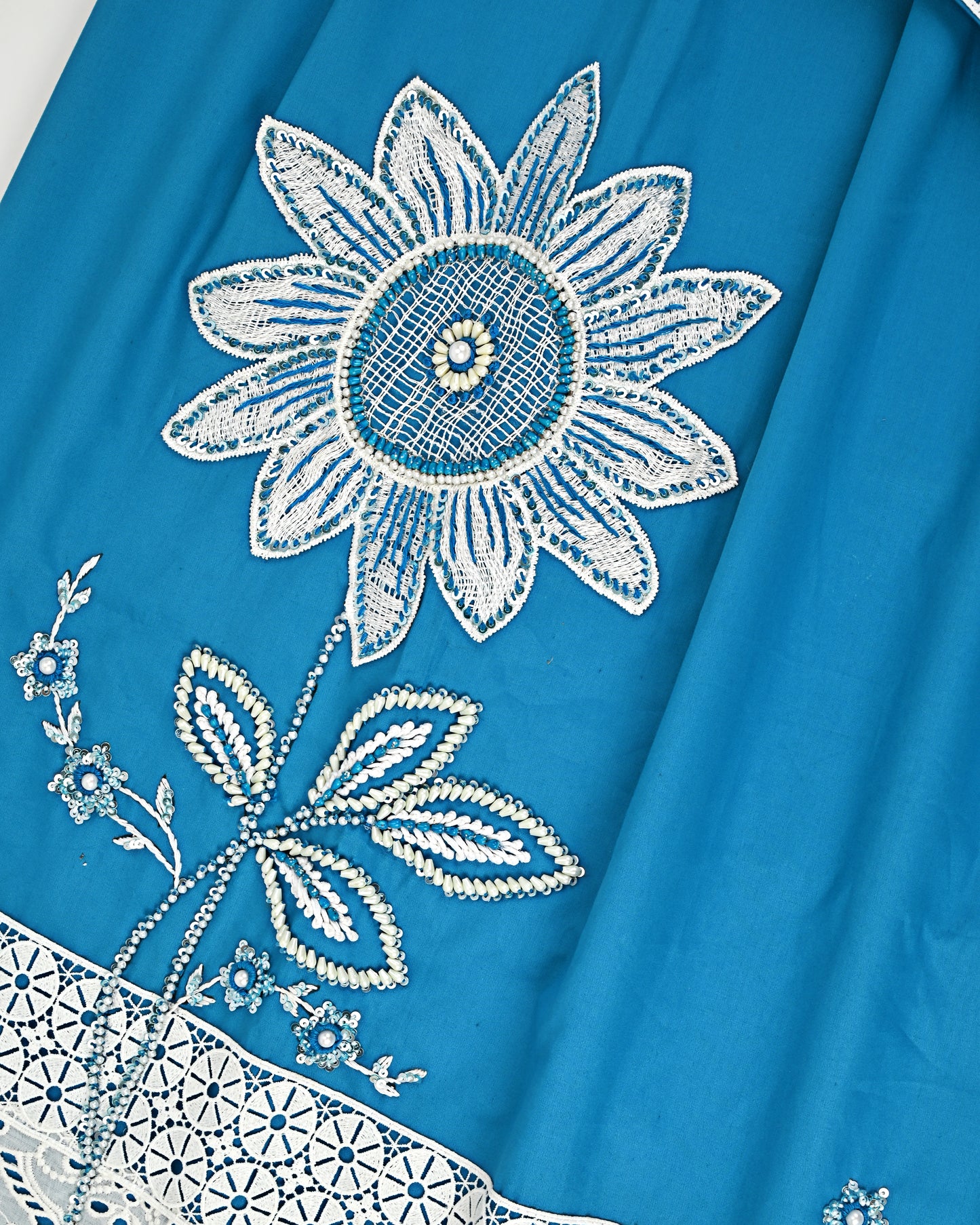 Turquiose Blue Rida With Smart Lace & Heavy Floral Handwork