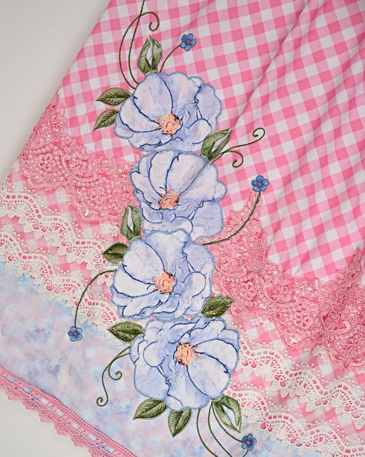 Pink & White Checks Rida With Smart Floral Applique & Smart Lacing