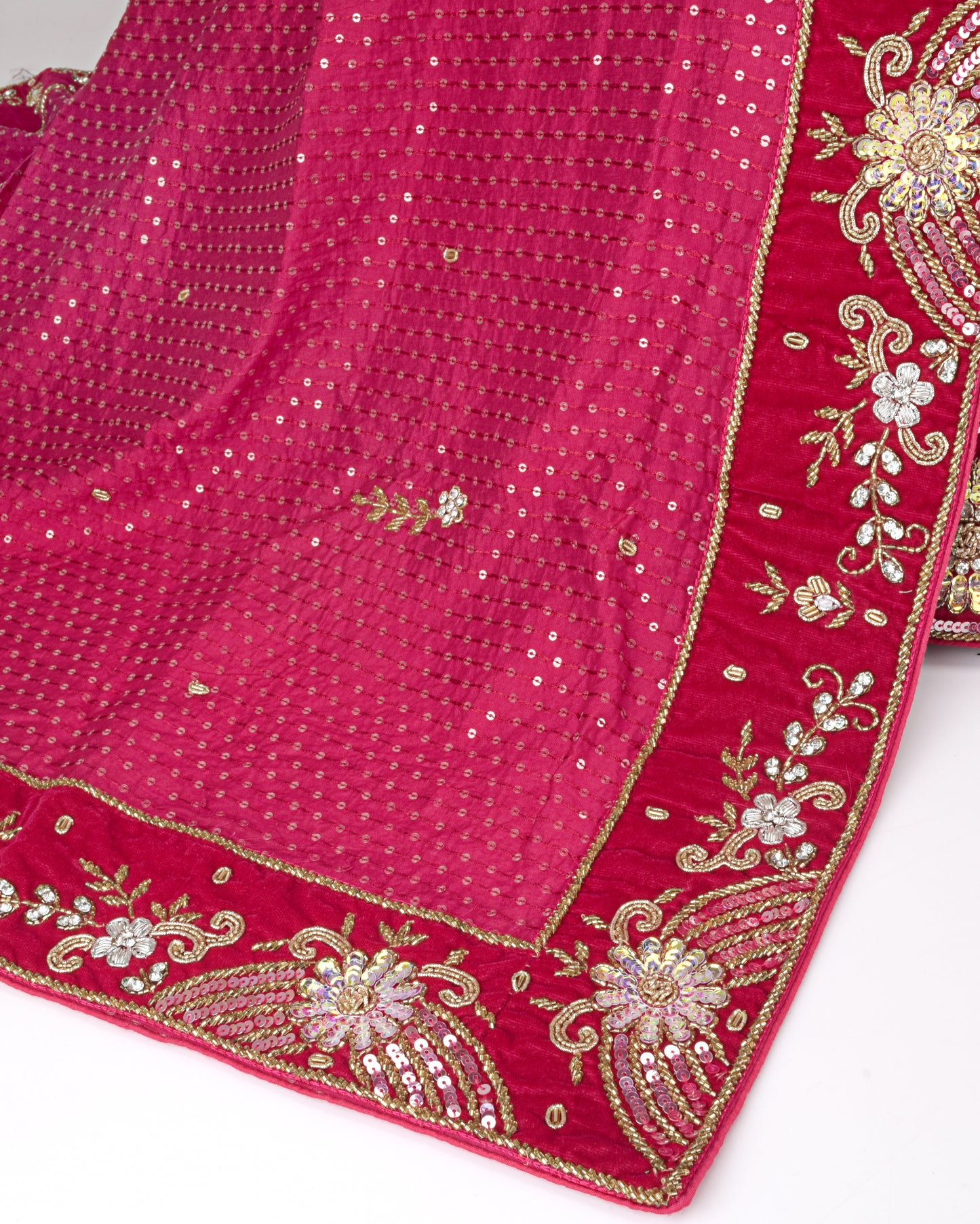 Rani Pink Velvet Bridal Jodi With Full Zardosi Work & Sequence Dupatta