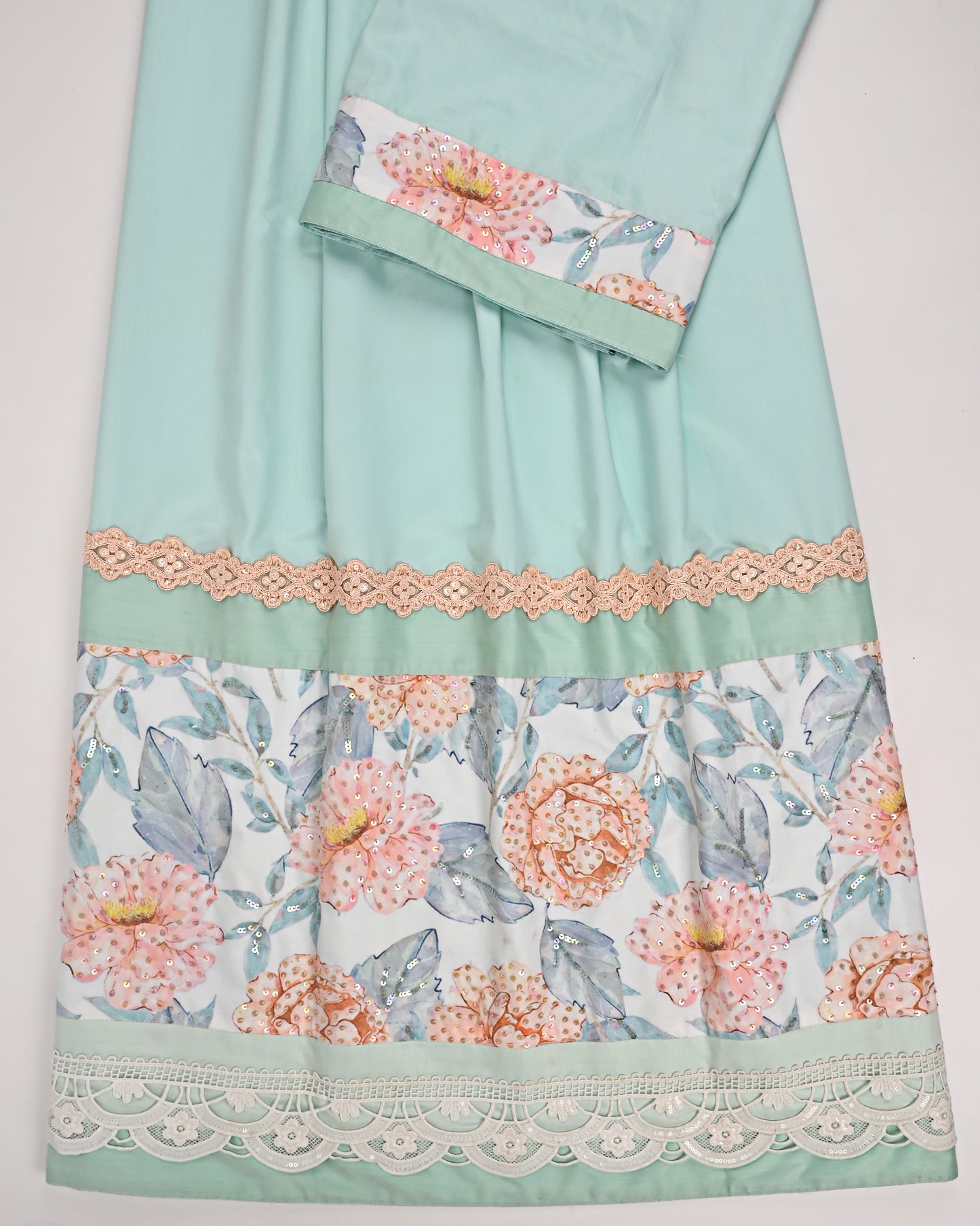 Pistachio Rida With Smart Floral Panel & Aari Touch Up