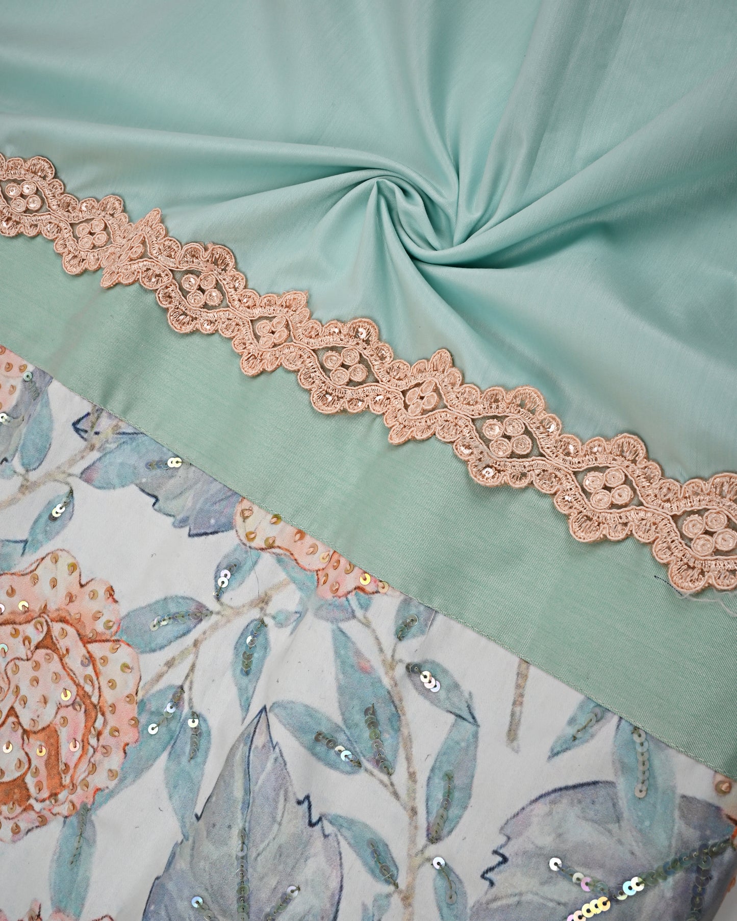 Pistachio Rida With Smart Floral Panel & Aari Touch Up