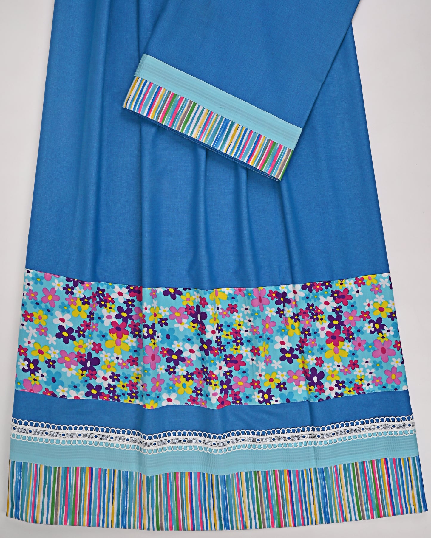 Iris Blue Rida With Colorful Floral & Stripes Panel