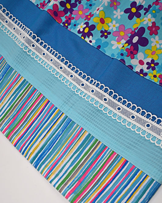 Iris Blue Rida With Colorful Floral & Stripes Panel