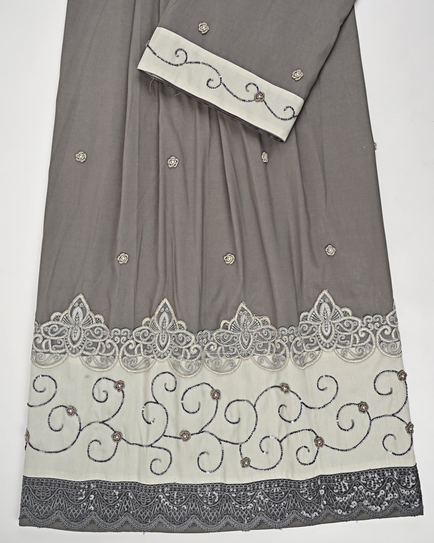 Dark Grey Rida With Heavy Lace & All Over Aari Work & Bullions