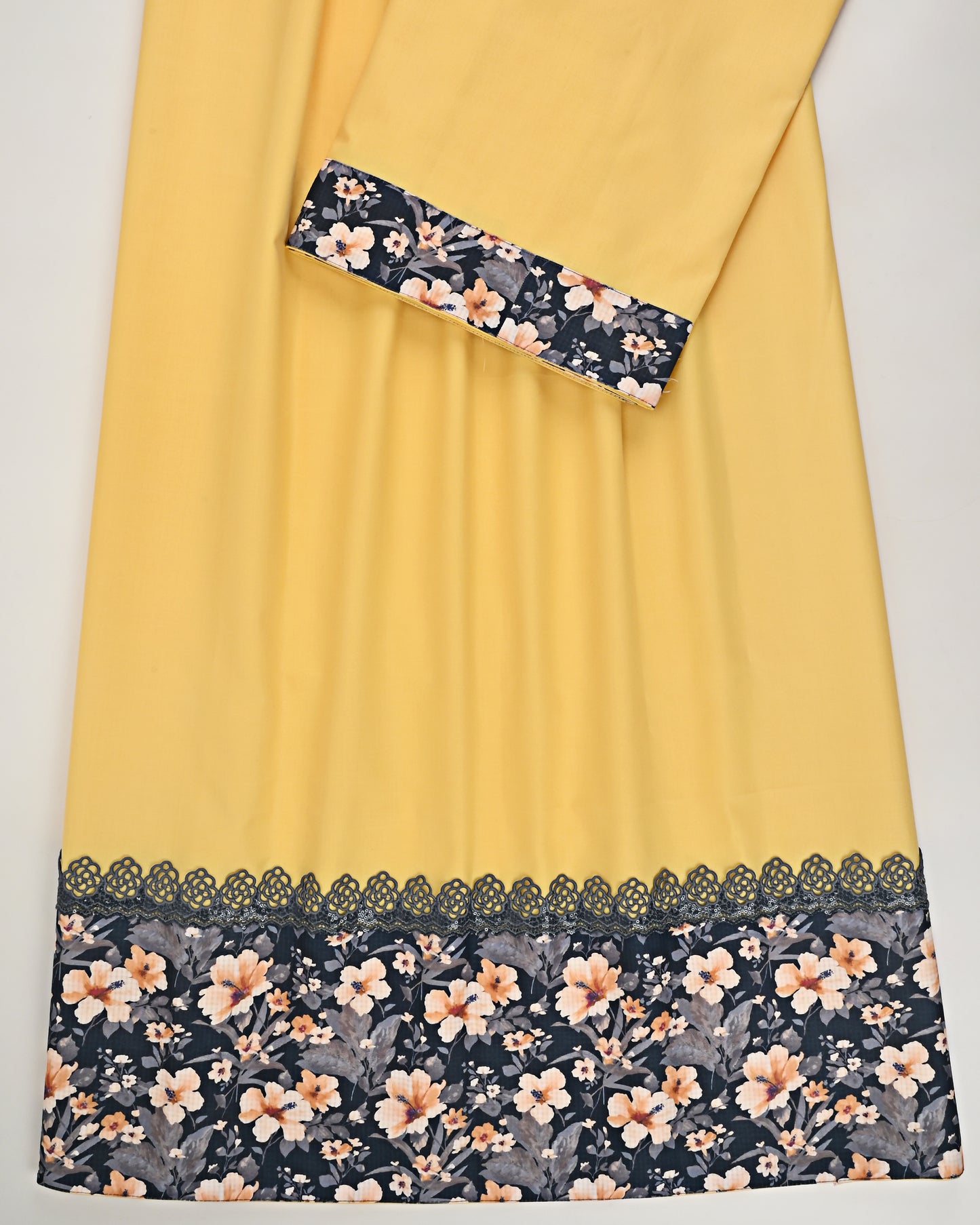 Mango Yellow Rida With Smart Dark Floral Print Panel & Lace