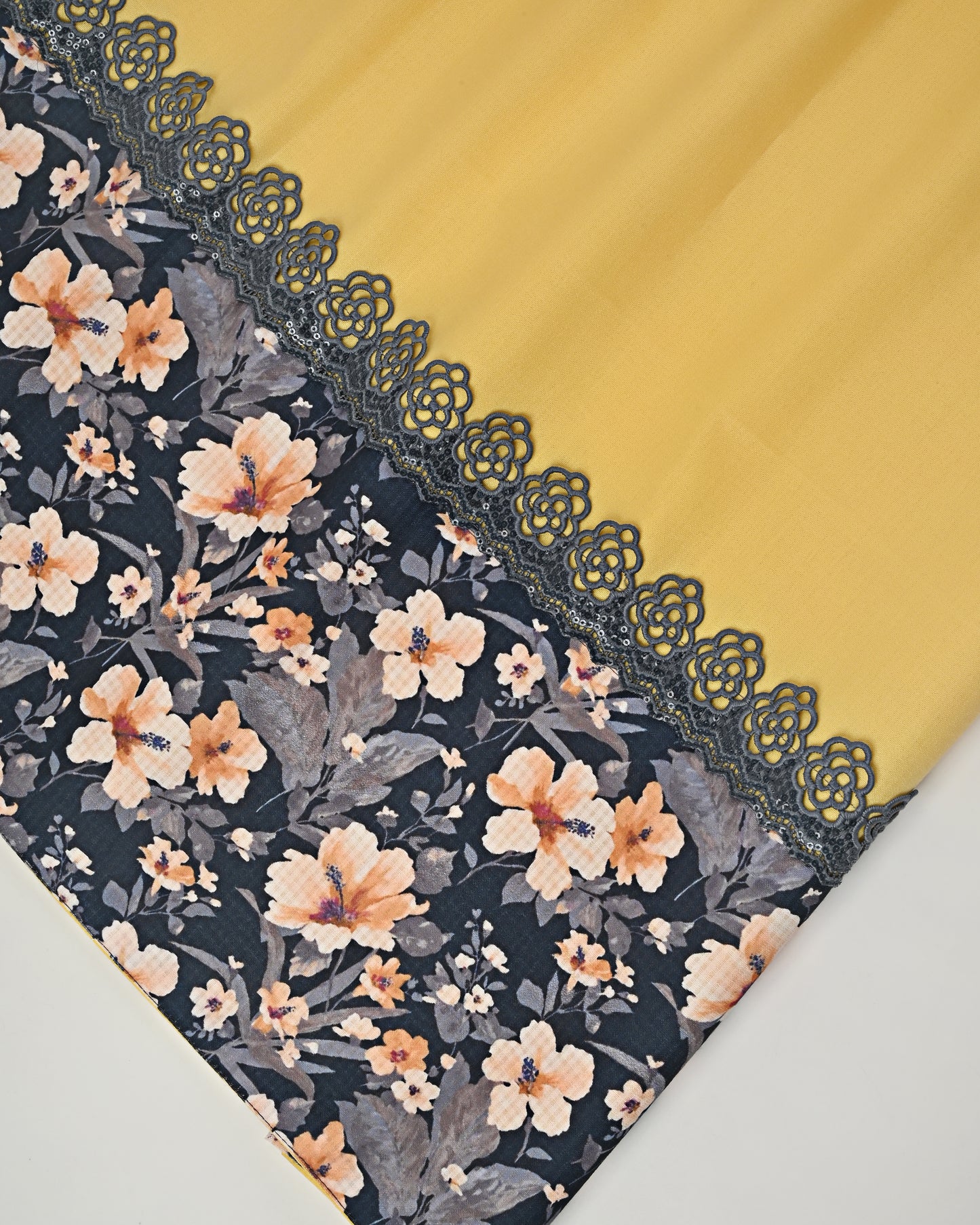 Mango Yellow Rida With Smart Dark Floral Print Panel & Lace
