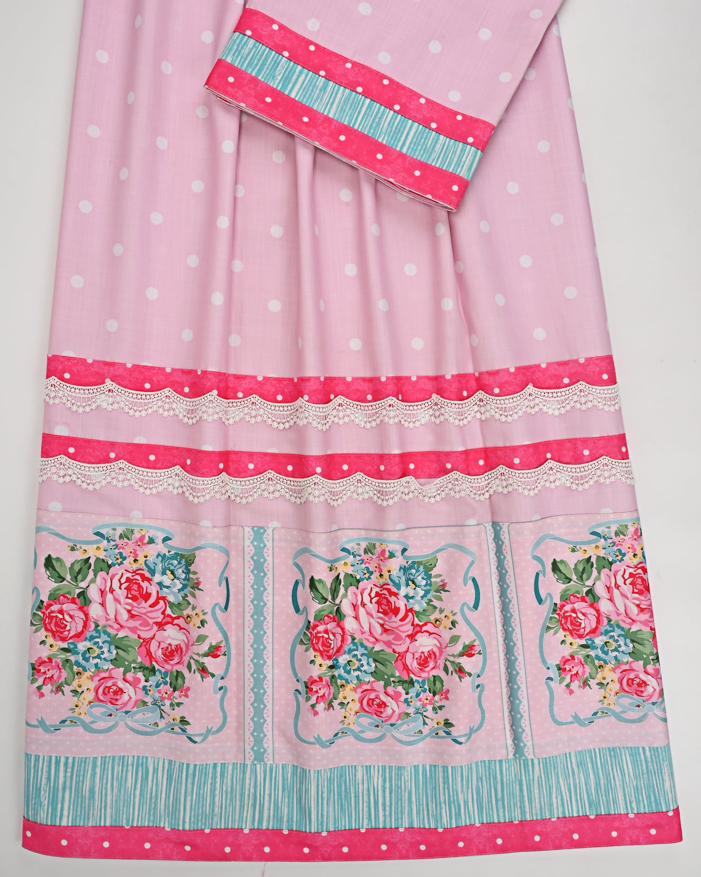 Baby Pink White Dots With Smart Floral Panel & Lace