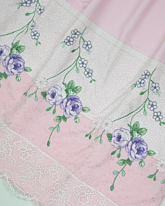 Baby Pink Rida With Smart Floral Work On Self Print Panel & Smart Lace