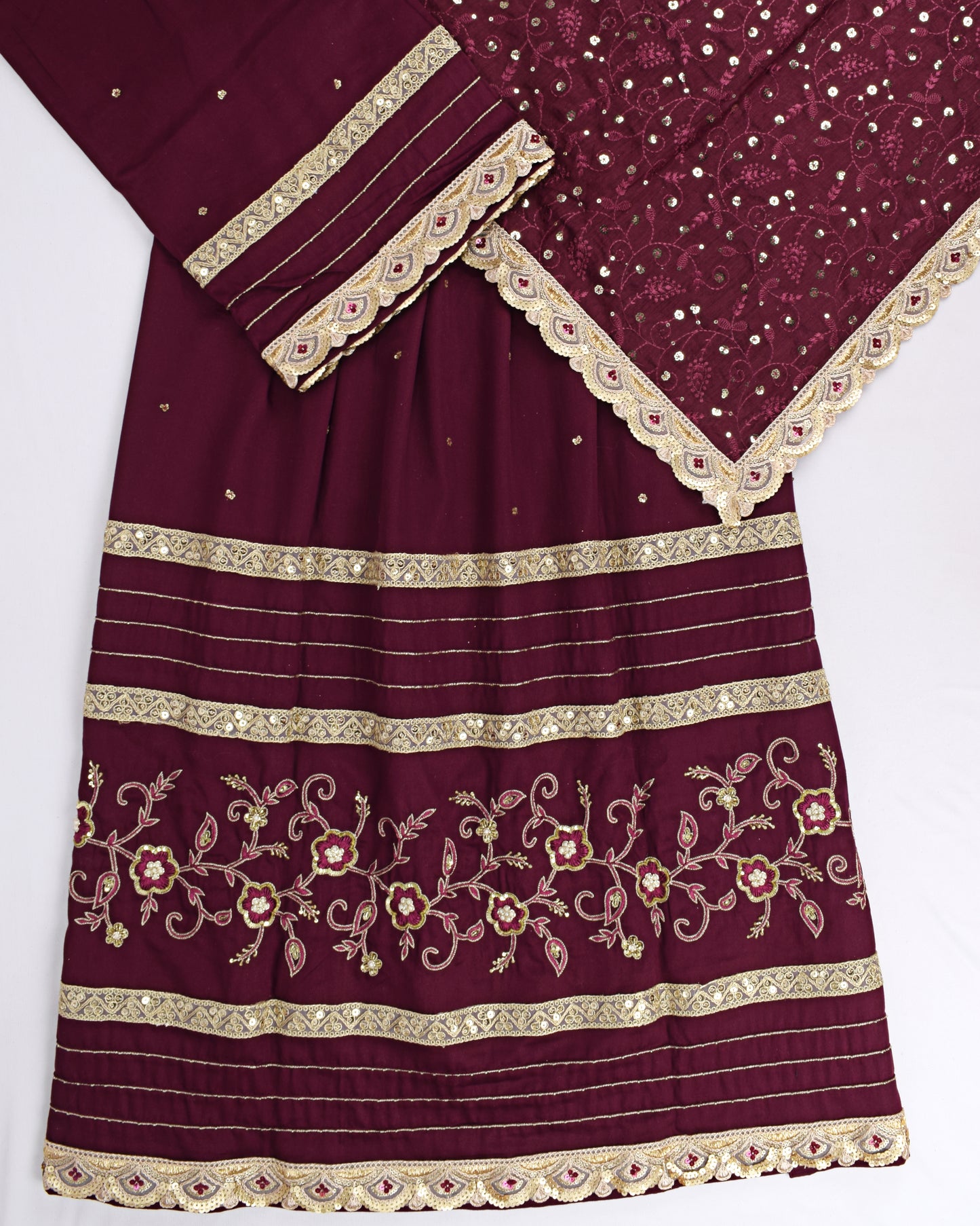 Dark Maroon Rida Cum Jodi With Aari Work All Over Border