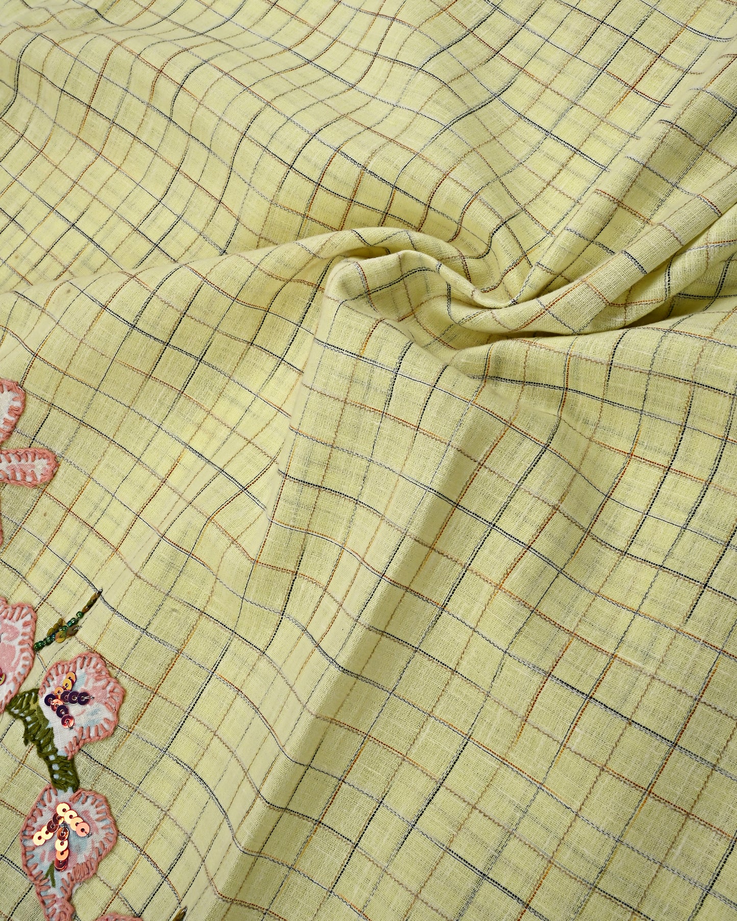 Lemon Yellow Checks Rida With Floral Work & Smart Lace