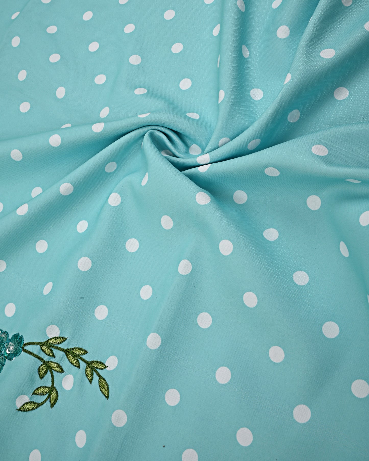 Mint Dots Rida With Floral Panel Sequence Lace & Leafy Work