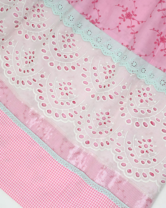 Rose Pink Rida With Floral Cut Work & Smart Hakoba Lacing Small Checks Panel