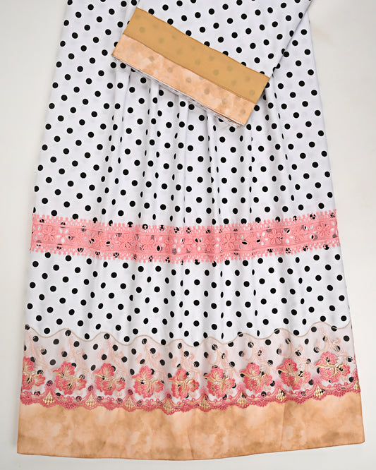White Base Black Dots With Smart Floral Lace & Plain Panel