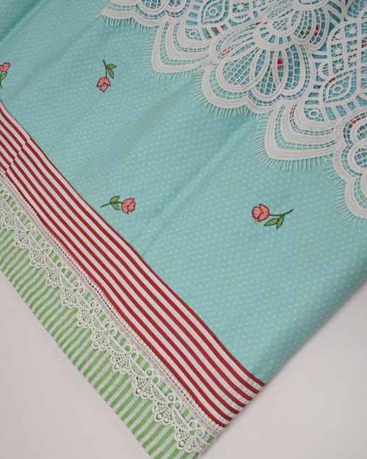 Light Blue Rose Printed Rida With Smart Lace & Embroidery Small Rose