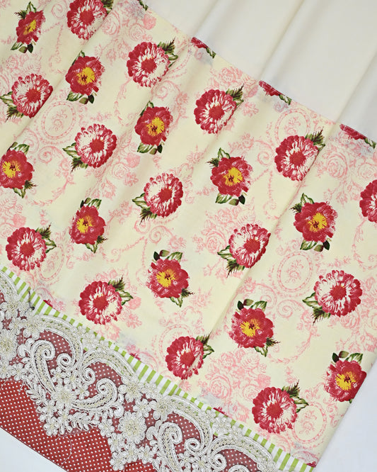 Ivory Rida With Smart Red Floral Print Panel & Smart Lace