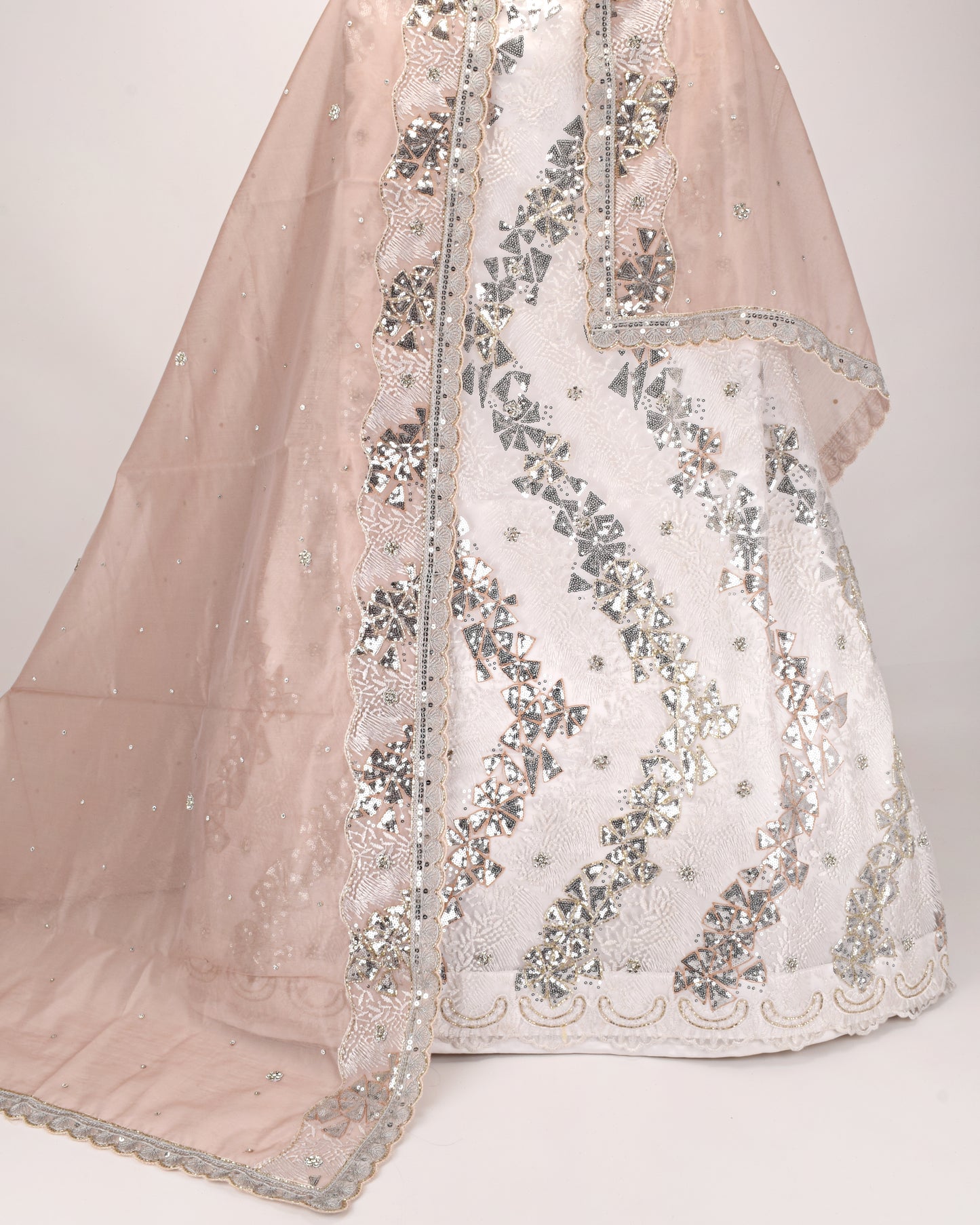 White Base Bridal Wear With Net Wrap Silver Work & Net Dupatta