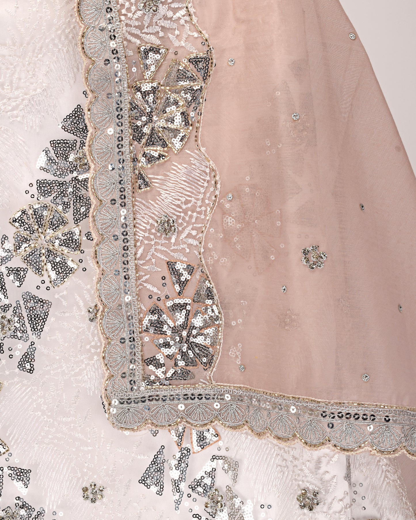 White Base Bridal Wear With Net Wrap Silver Work & Net Dupatta