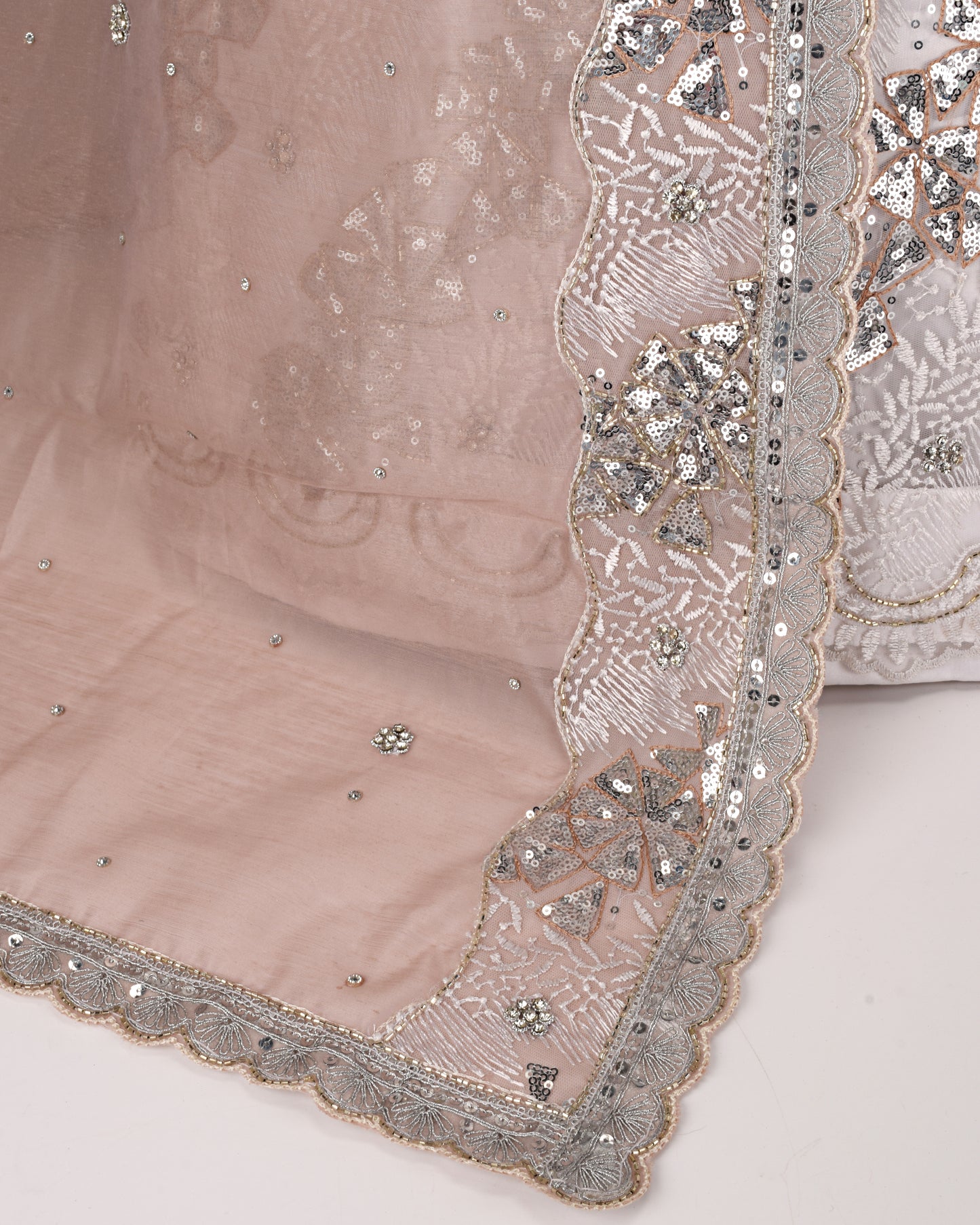 White Base Bridal Wear With Net Wrap Silver Work & Net Dupatta