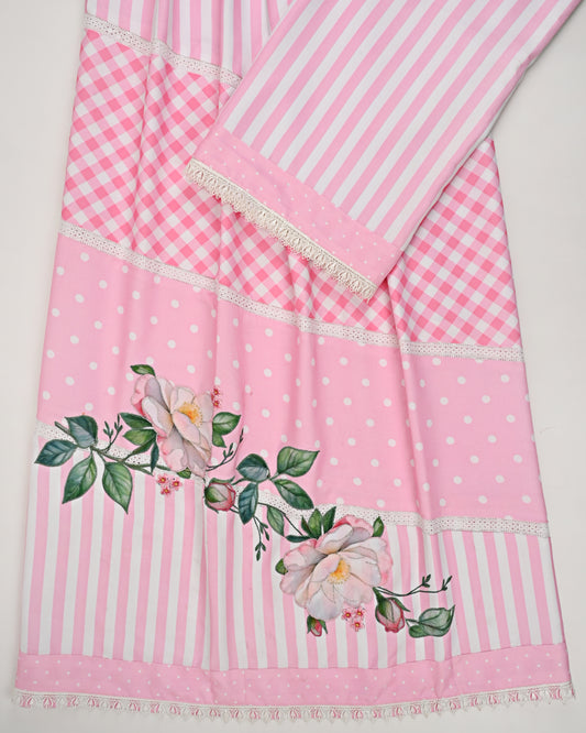 Baby Pink Checks Dots Lining Smart Pattern Rida With Floral Applique Work