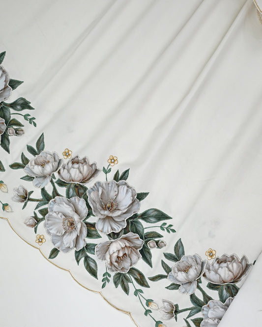 White Rida With Smart Dark Floral Applique Bunch Embroidery & Smart Scoll Up