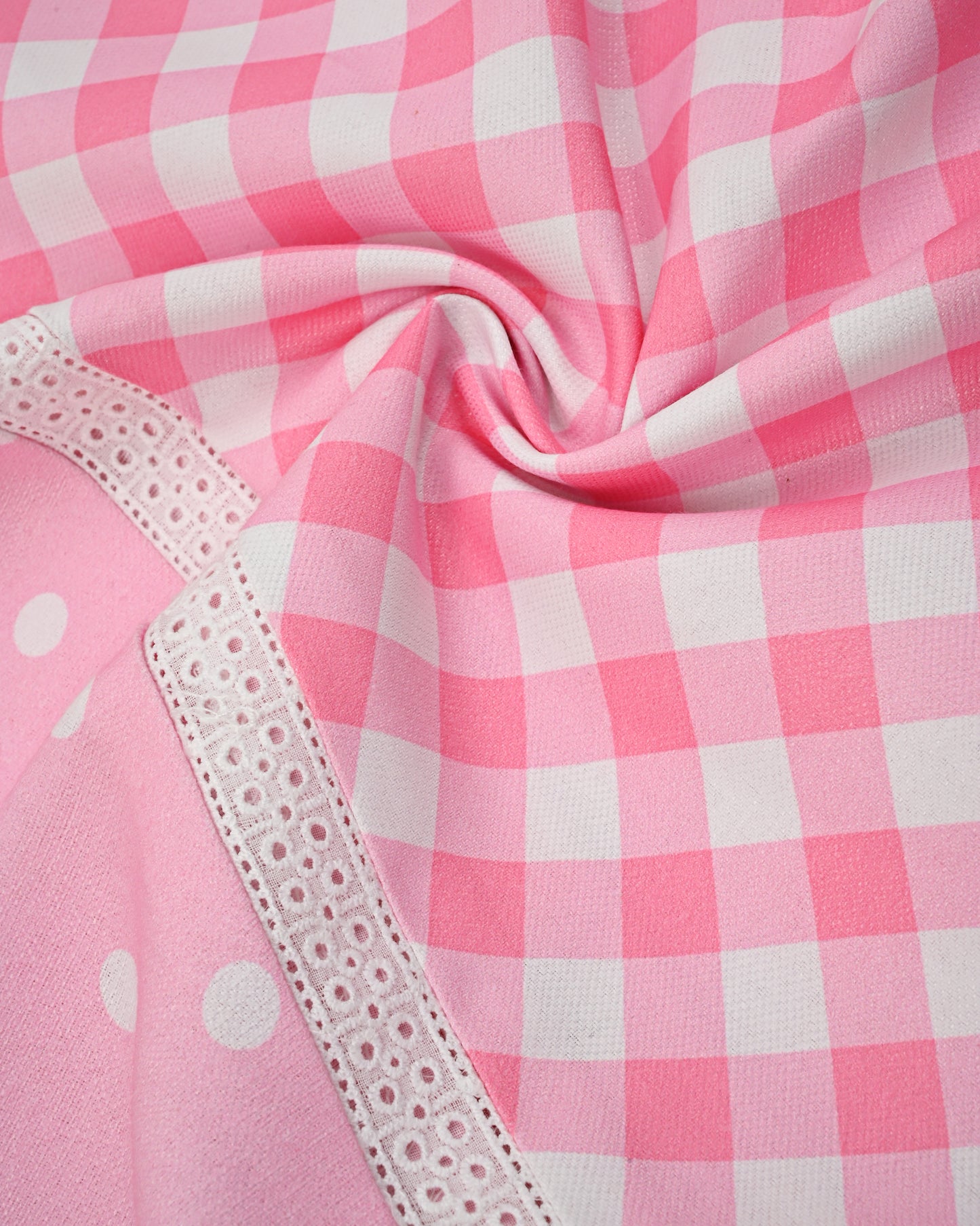Baby Pink Checks Dots Lining Smart Pattern Rida With Floral Applique Work