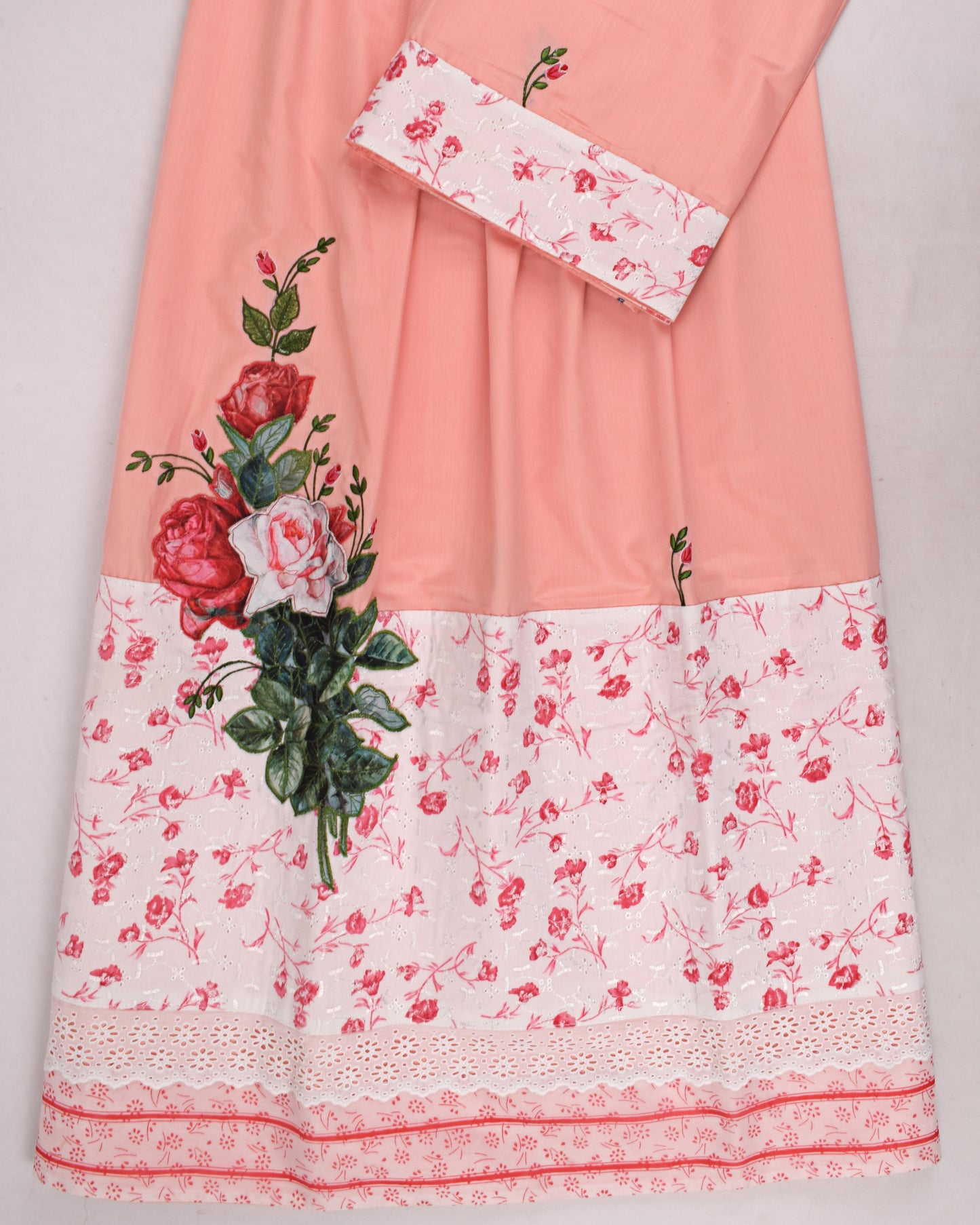 Tomato Red With Floral Panel & Floral Applique Work
