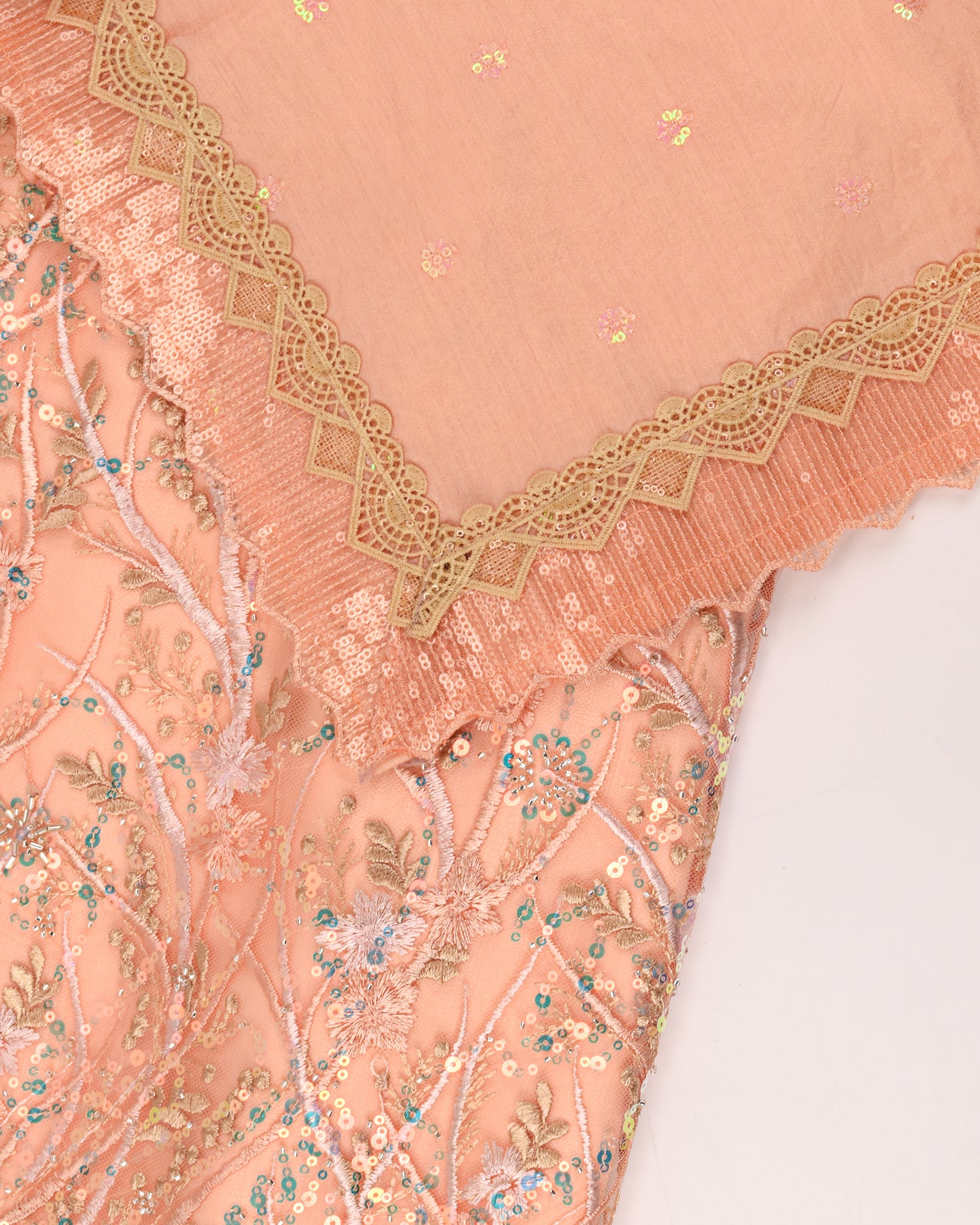 Peach RCJ With Heavy Net Peice & All Over Work Sequence Lace