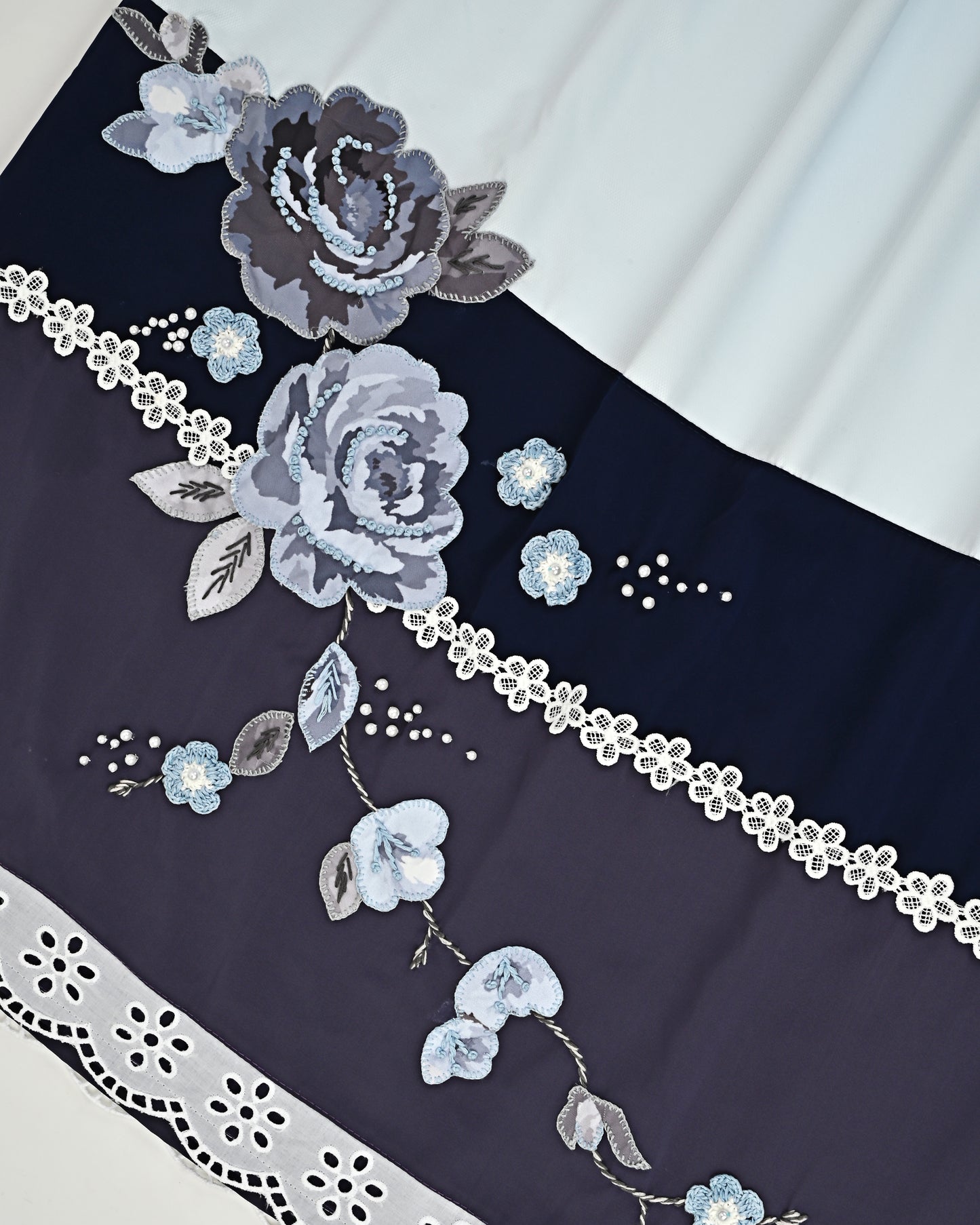 Light Blue Rida With Dark Blue Panel Lace & Floral Applique Work