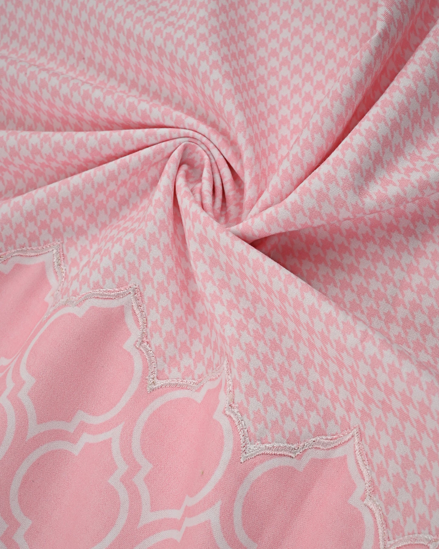 Baby Pink White Printed Rida With Smart Honeycomb Pattern & Embroidery