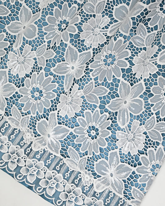 Ocean Blue Satin Silky Rida With Heavy Look Floral Full Lacing