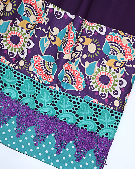 Violet-Grape Purple With Floral Print Design Panel & Smart Lace