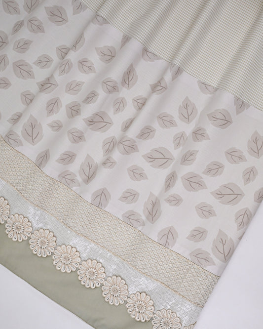 Tan White Cheks Rida With Smart Leafy Print Panel & Floral Sequence Lace