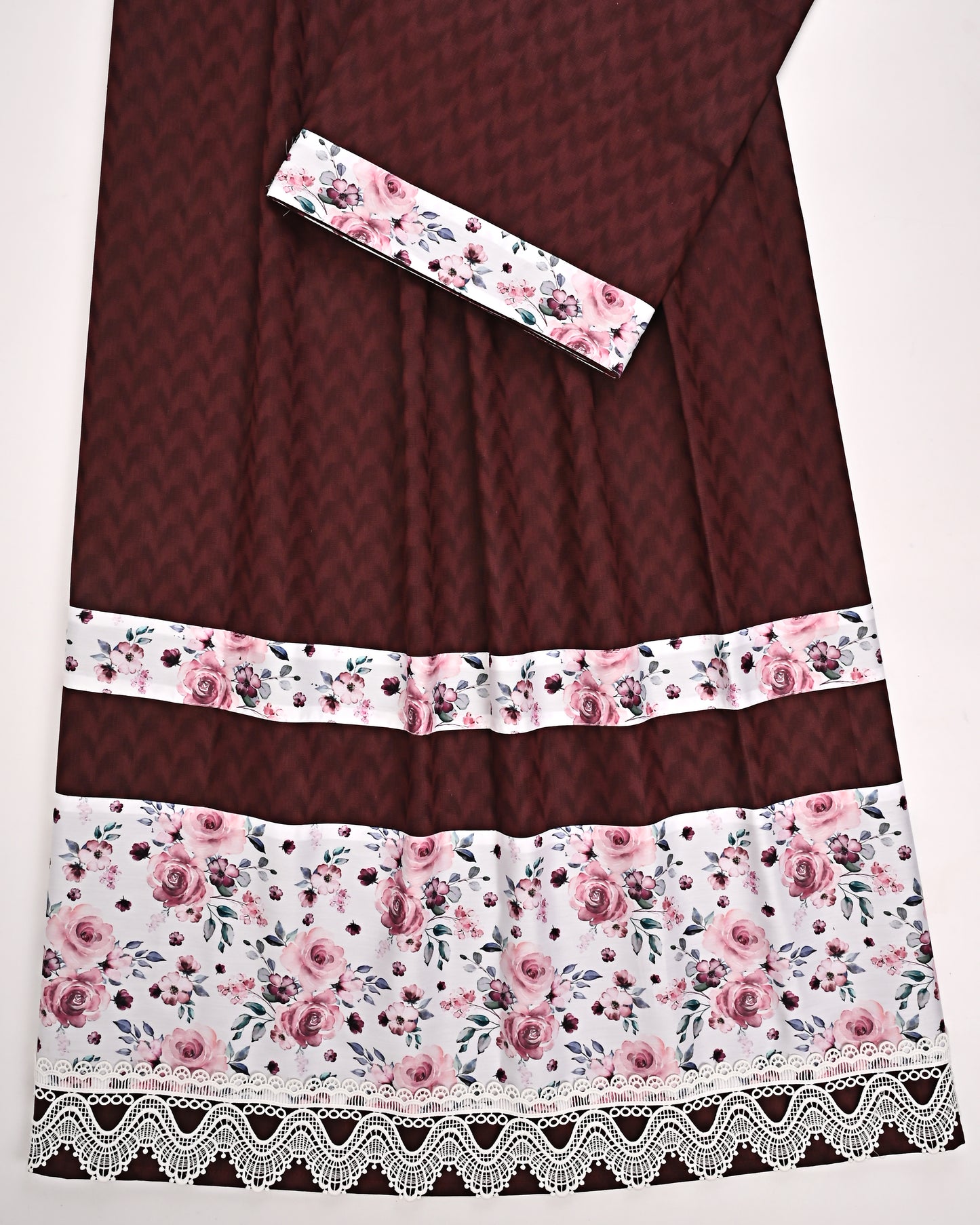 Dark Maroon Rida With Smart Floral Print Panel & Same Patta