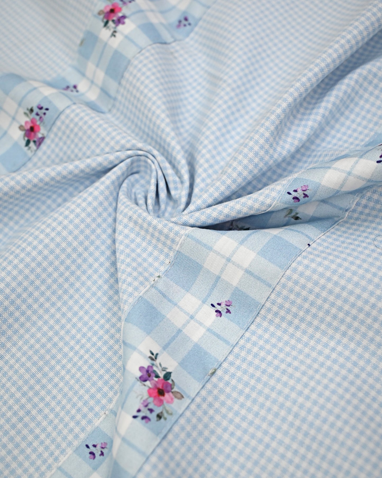 White Blue Mini Checks With Smart Floral Checks Panel & Smart Lace