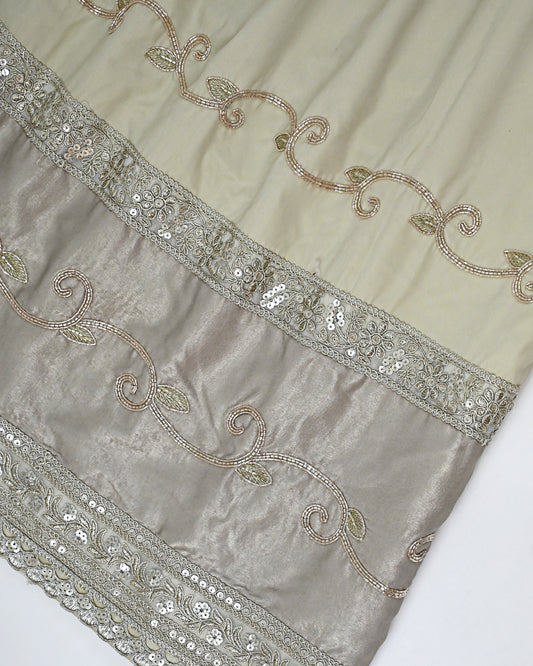 Light Beige Rida With Heavy Look Golden Lace & Aari Work All Over Border On Panel