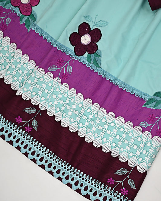 Light Mint Blue Rida With Dark Panel White Lacing & Dark Floral Work With Embroidery