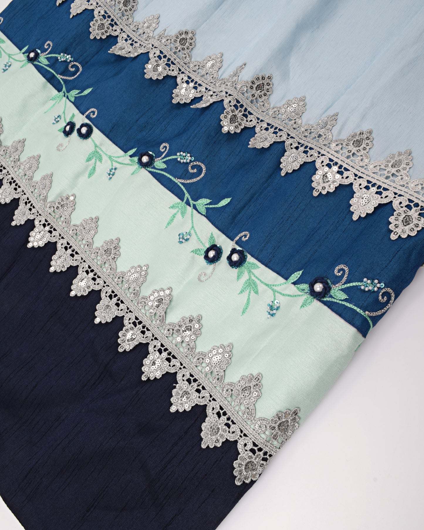 Light Blue Rida With Navy Blue Panel & Aari Work Border