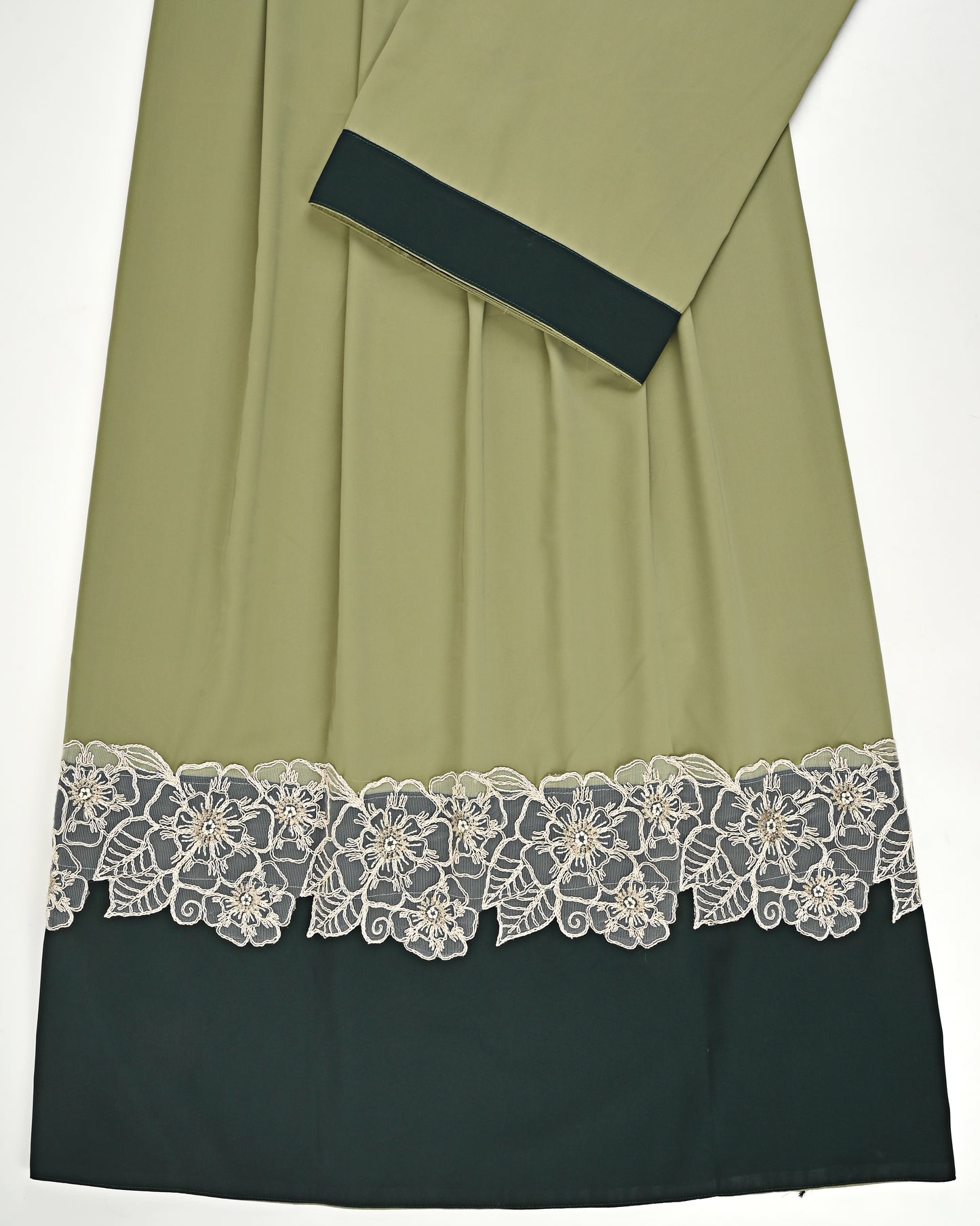 Olive Green Abaya Rida With Smart Lace & Dark Green Panel