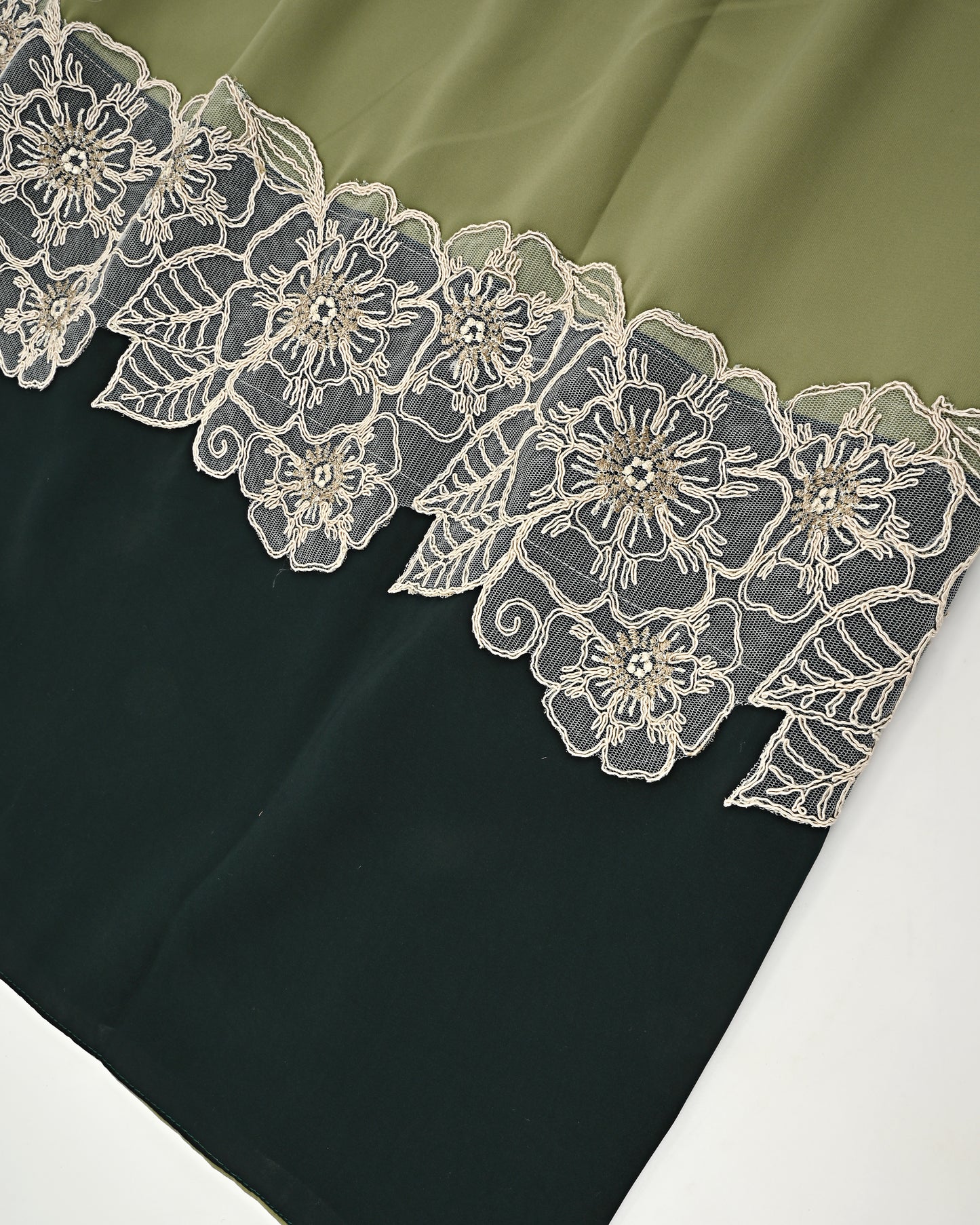 Olive Green Abaya Rida With Smart Lace & Dark Green Panel