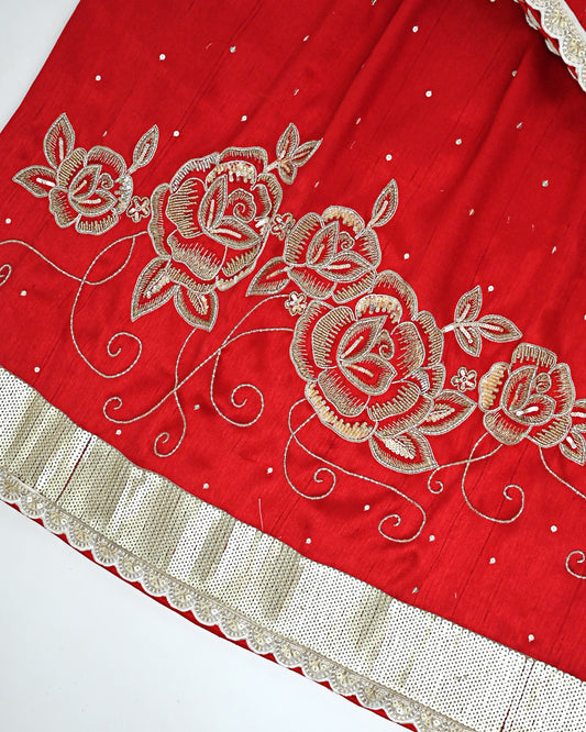 Blood Red Rida With Heavy Floral Aari Work All Over Tiki & Shining Lace