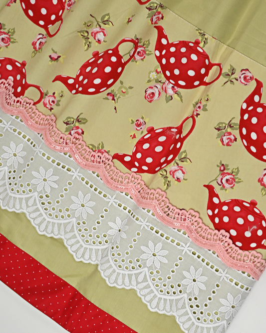 Light Olive Green Rida With Red Tea Kettle Print Panel & Smart Lace