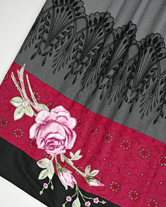 Black & White Mini Cheks Rida With Smart Black Lace Hakoba Panel & Smart Floral Applique