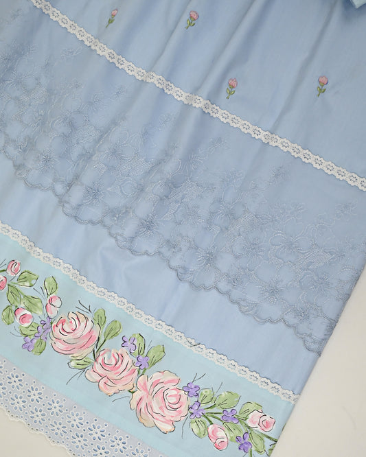 Sky Blue Rida With Smart Floral Lace & Smart Floral All Over Border Painting