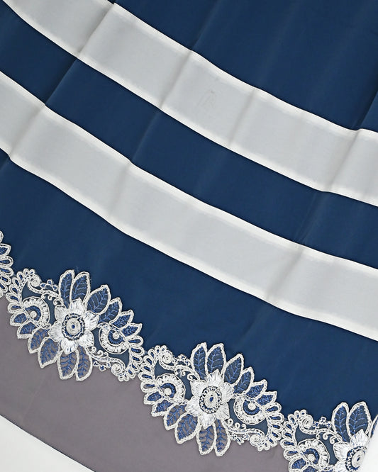 Dusty Blue Abaya Rida With Smart White Abaya Patta & Smart Floral Lace